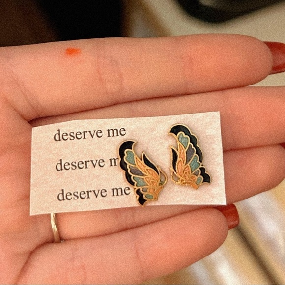 Unique Vintage Gold Dainty Cloisonné Butterfly Earrings - Picture 2 of 5